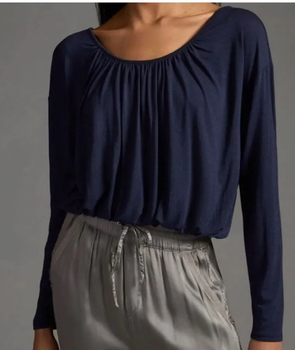 Anthropologie Tops - NEW Anthropologie Maeve Long Sleeve Bubble Hem Top Navy Blue XS